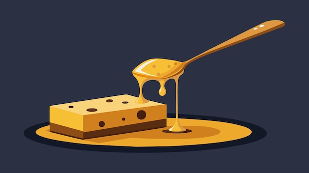 Vector een hoop donkere, intense honing wordt op een stuk scherpe kaas gespoten, waardoor een heerlijke en