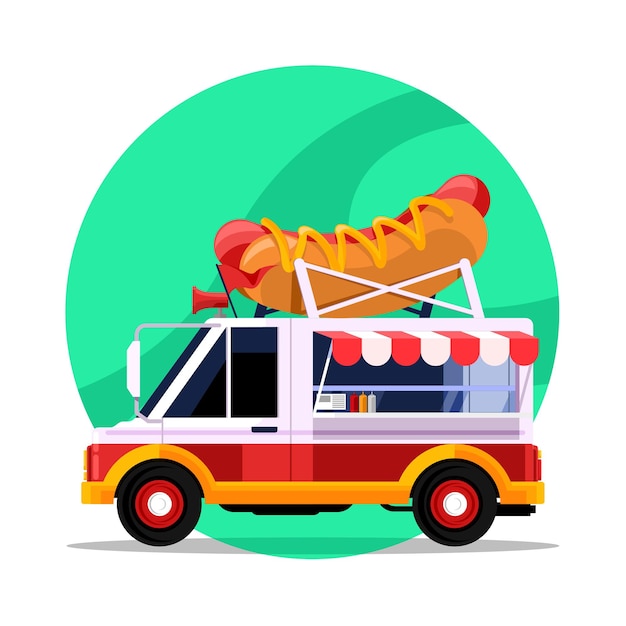 Een hotdog foodtruck met een grote hotdog erop