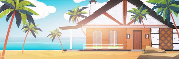 Vector een hotel aan een blauwe, schone en kalme zee. villa aan een zandstrand met palmbomen. zomer vakantie concept. illustratie. cartoon-stijl.