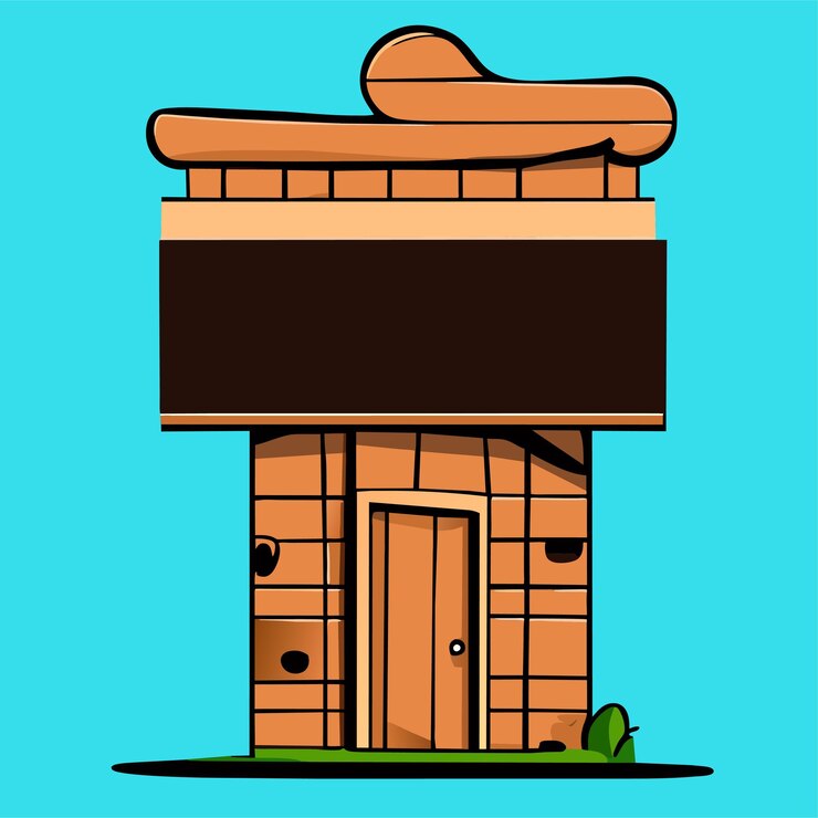 Een houten huis bij het lege bord.