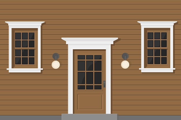 Een houten huis met witte ramen en witte deur bruin