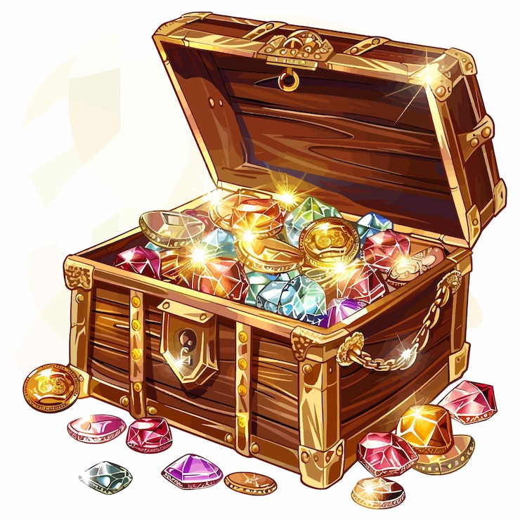 Vector een houten kist met een gouden ring en gouden munten
