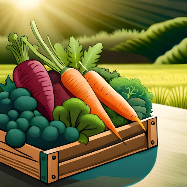 Een houten kist met groenten met daarin een houten kist met een bos wortelen.