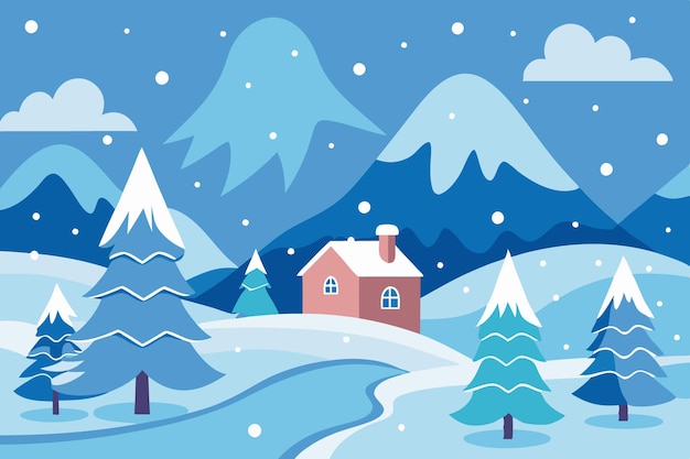 een huis in de sneeuw met een besneeuwde berg op de achtergrond