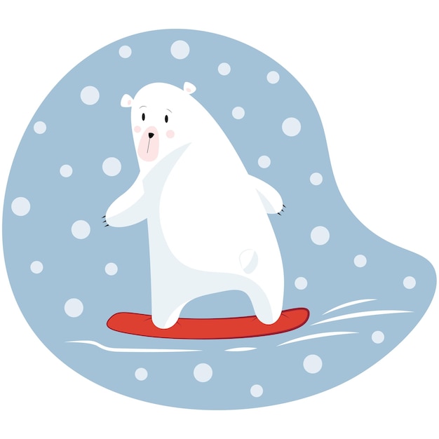 Een ijsbeer in vlakke stijl staat op een rode snowboard