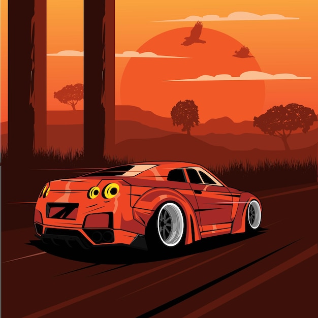 Een illustratie rode auto en de zonsondergang