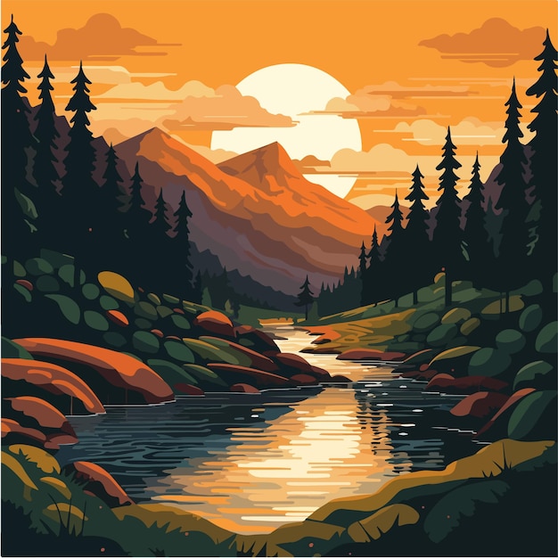 Een illustratie van een berglandschap met een rivier en bergen op de achtergrond.