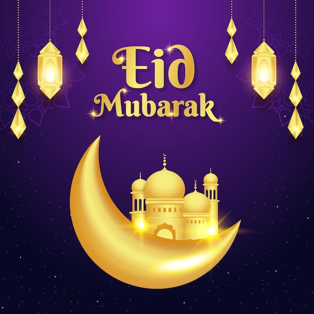 Een illustratie van een gouden maan en een blauwe achtergrond met lichten en een spandoek voor eid mubarak