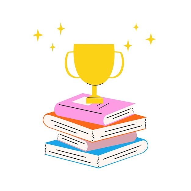 Een illustratie van een gouden trofee die op een stapel boeken staat Book reading challenge concept