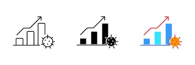 Een illustratie van een grafiek met een opwaartse pijl en een viruspictogram dat de impact van een virusuitbraak weergeeft Vector set pictogrammen in zwarte en kleurrijke lijnstijlen geïsoleerd