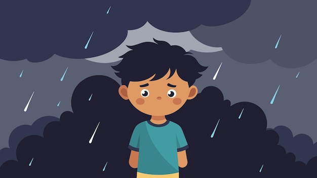 Een illustratie van een kind dat in een storm staat met donkere wolken en zware regen die de