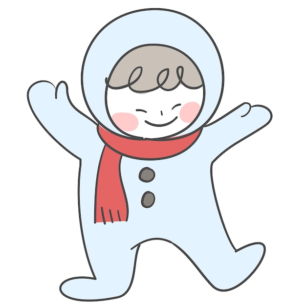 Een illustratie van een kind gekleed in een sneeuwpopkostuum voor Kerstmis.