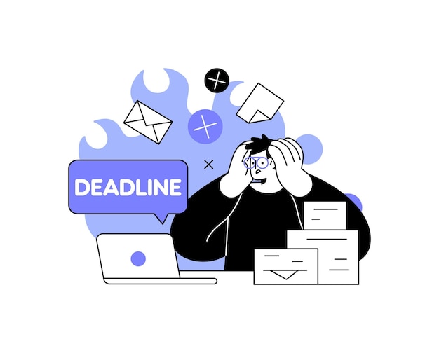 Een illustratie van een man met een deadline op zijn hoofd