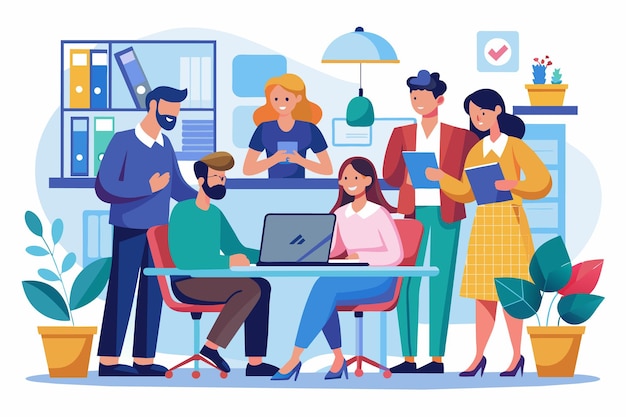 Een illustratie van een team kantoorwerkers verzameld rond een bureau Een persoon werkt aan een laptop terwijl anderen in de buurt staan