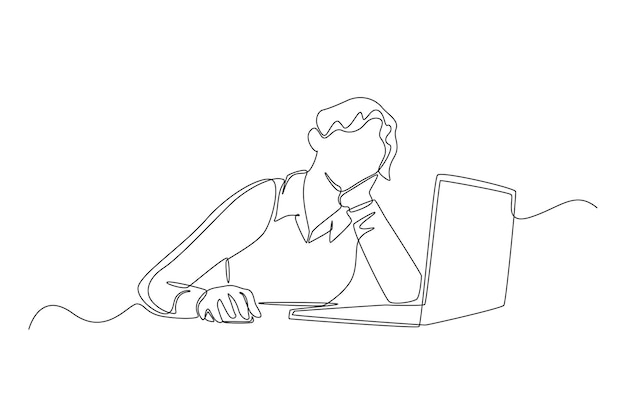 Een illustratie van iemand die zich gestrest voelt in een monotone baan, eenvoudig continu lijnwerk Werkdag