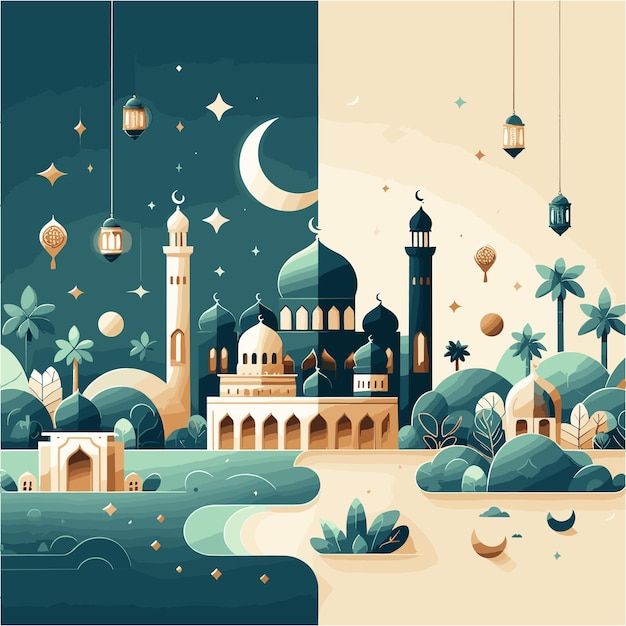 een illustratie van moskee en ramadan vibes