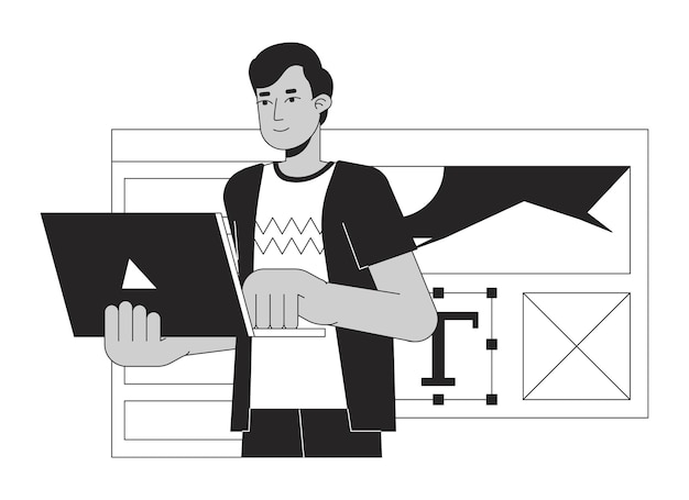 Vector een indiase man die aan een laptop werkt bw concept vector spot illustratie ui-ontwerper afstandswerk 2d cartoon platte lijn monochromatisch karakter voor web ui-ontwerp bewerkbare geïsoleerde omtrek held afbeelding