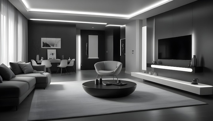 Vector een interieurontwerpbeeld van een moderne woonkamer met een grijze bank een koffietafel een stoel en een tv de ruimte is stijlvol en minimalistisch met een focus op slanke lijnen en een zwarte muur
