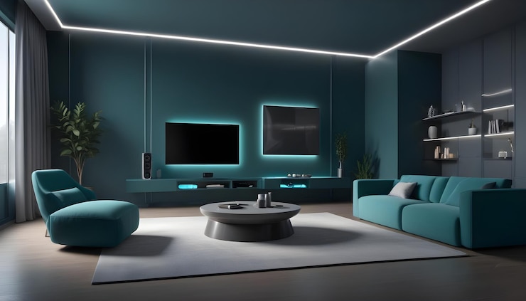 Vector een interieurontwerpbeeld van een moderne woonkamer met een groene bank, een koffietafel, planten en een tv. de ruimte is stijlvol en minimalistisch met een focus op koele kleuren en slanke lijnen.