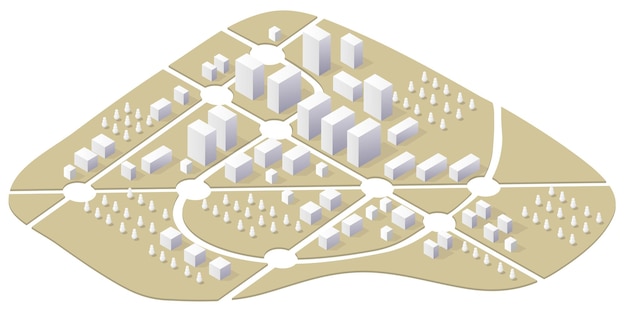 Een isometrische stadsplattegrond van een stedelijk centrum is een soort plattegrond