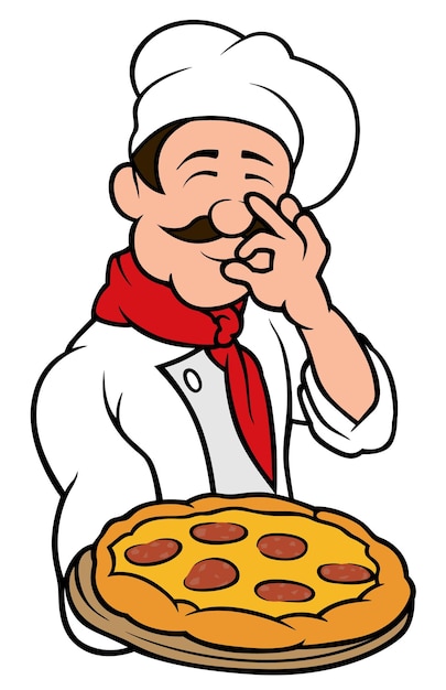 Een italiaanse chef-kok houdt een pizza vast en laat zien dat het heerlijk is als cartoonillustratie