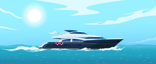 Een jacht zeilt in de zee onder een heldere zon in een vlakke vector illustratie stijl op een heldere blauwe lucht achtergrond Concept van luxe reizen en vrije tijd Vector illustratie