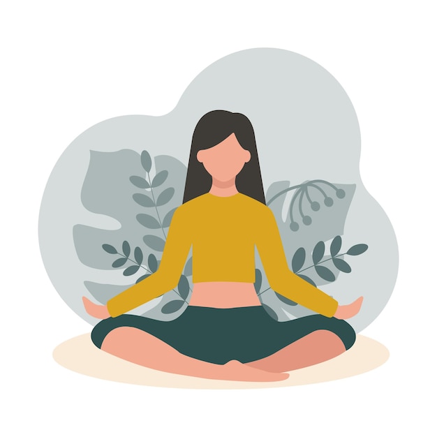 Een jong meisje zit in een lotushouding tegen een achtergrond van planten Yoga in de natuur Meditatie ontspanning Platte vectorillustratie geïsoleerd op een witte achtergrond