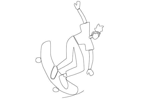 Een jong skatermeisje dat basisskateboarden oefent in het skatepark one line art