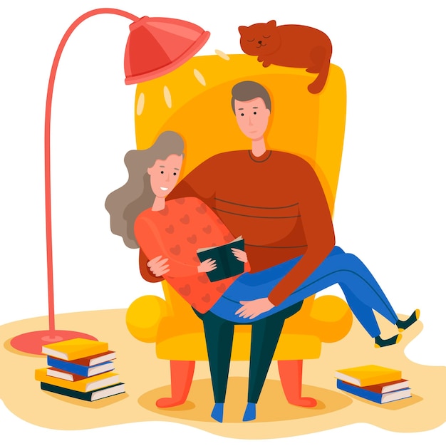 Een jong stel knuffelt in een fauteuil, leest een boek, een gezellige sfeer.