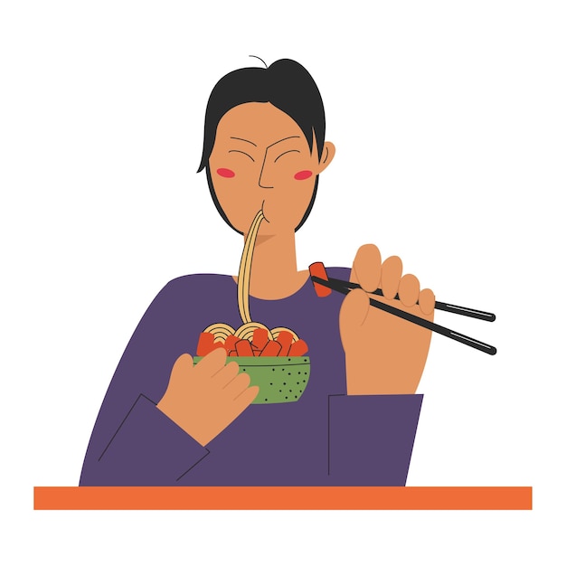 Een jonge jongen in een paarse trui eet heerlijk Koreaans eten Teokbokki met noedels