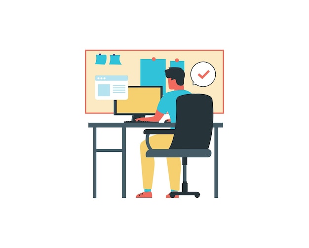 een jonge man die werkt met bureau en computer in de slaapkamer vector illustratie ontwerp
