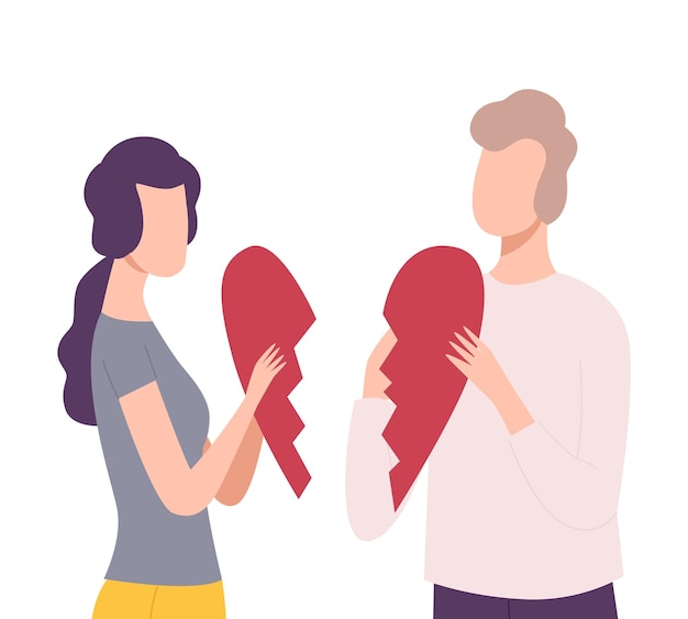 Een jonge man en vrouw proberen stukjes gebroken harten met elkaar te verbinden. Mensen proberen liefde te redden.