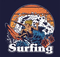 Vector een jonge man gek extreme surfer rijden op grote oceaan golf