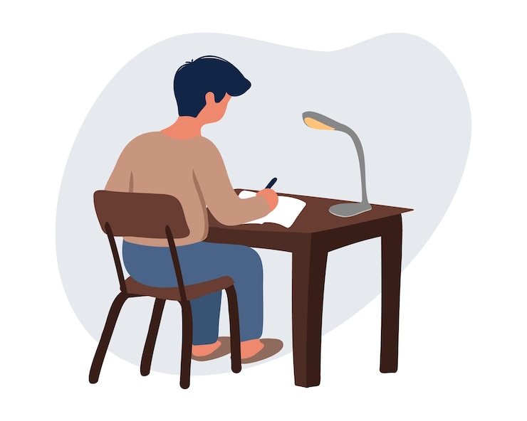Vector een jonge man op de werkplek schrijft een artikel of werkt 's avonds met documenten met de lamp