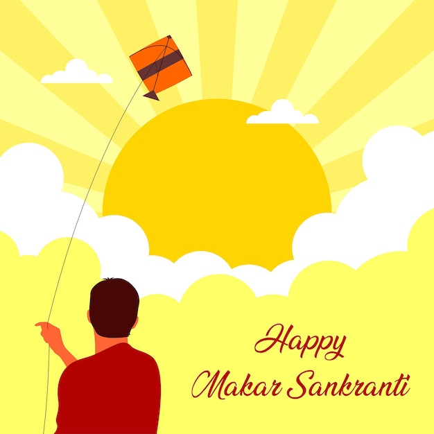 Een jonge man vliegt een vlieger ter gelegenheid van Makar Sankranti Vector illustratie achtergrond