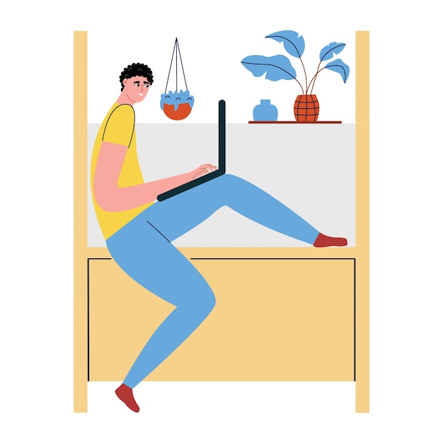 Een jonge man werkt aan een laptop Freelance remote work concept Vector illustration