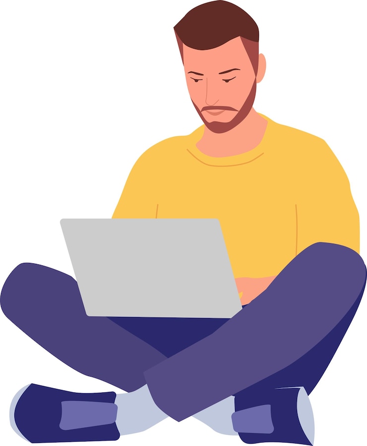 Vector een jonge man werkt aan een laptop vector illustratie op een doorzichtige achtergrond
