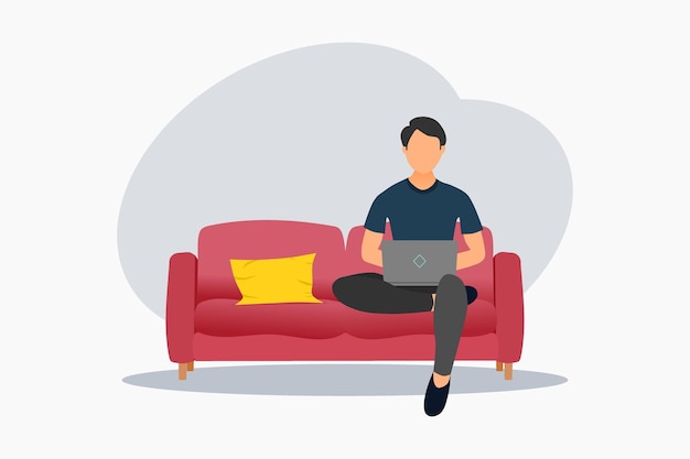 Een jonge man zit op de rode bank en werkt aan een laptop Vector illustratie
