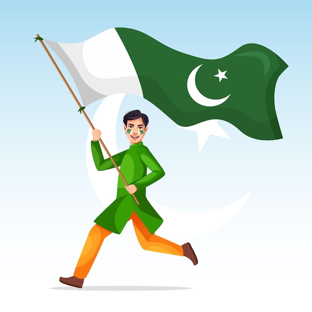 Een jonge Pakistaanse jongen zwaait met een Pakistaanse vlag met een blauwe lucht als achtergrond