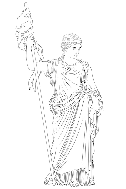 Een jonge slanke vrouw in een oude Griekse tuniek met een wimpel in haar hand.