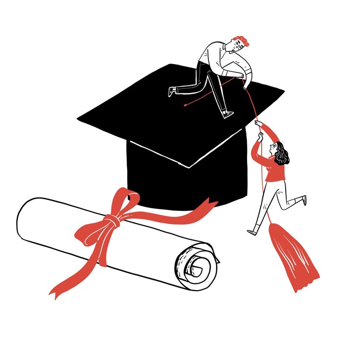 Vector een jonge student van de universiteit helpt zijn vriend boven op de afstudeerpet