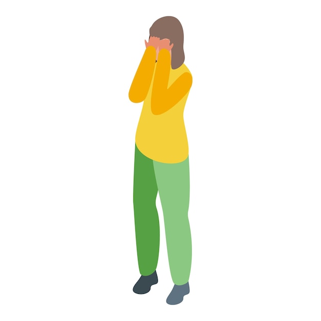 Een jonge vrouw die alleen staat, bedekt haar gezicht met haar handen.