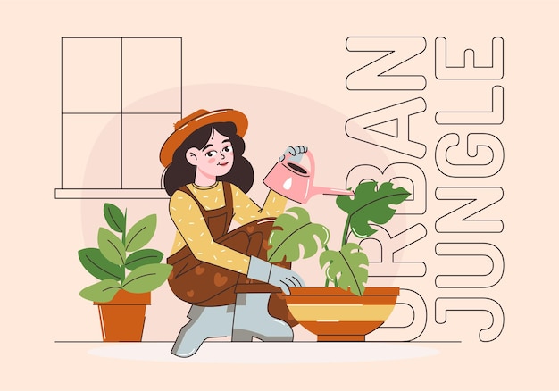 Een jonge vrouw geeft kamerplanten water. Het kweken van bloemen of kruiden in potten en het verzorgen ervan. Het concept van tuinieren platte vectorillustratie