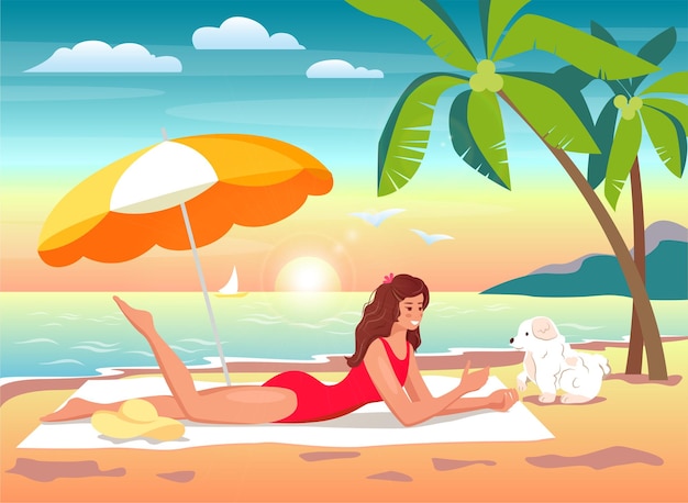 Een jonge vrouw ligt te zonnebaden op een handdoek en speelt met een hond onder een zomerparaplu Flat