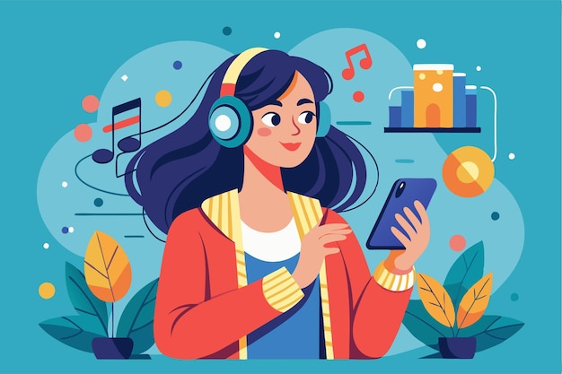 Een jonge vrouw luistert naar muziek op haar telefoon omringd door kleurrijke planten en decoratieve elementen Vrouw met telefoon die naar muziek luistert platte tekening