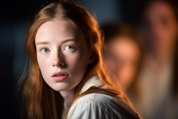 Een jonge vrouw met rood haar die naar de camera staart.