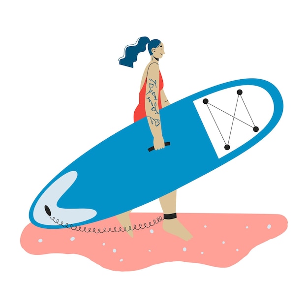 Vector een jonge vrouw met tatoeage die sup board draagt surf vrouw sup boarding outdoor activiteit