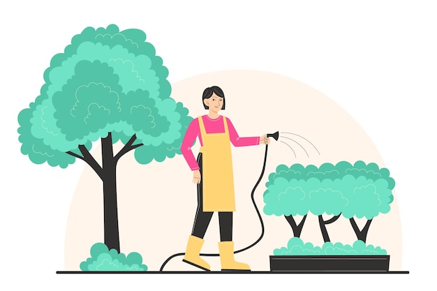 Een jonge vrouw water de struiken in de tuin