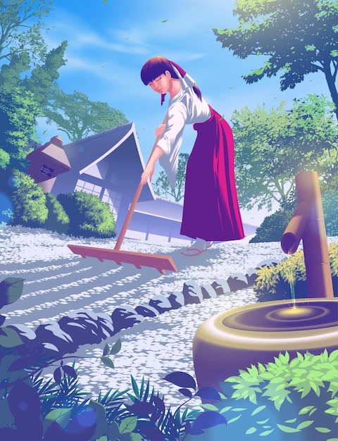 Vector een jonge werkneemster in de tempel harkt het grind in een zen-tuin