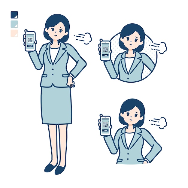 Een jonge zakenvrouw in een pak met girale betaling op smartphone Onrustige beelden. Het is vectorkunst, dus het is gemakkelijk te bewerken.